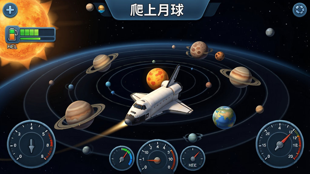 一款名为“爬上月球”的太空模拟游戏界面,主体是航天飞机在太阳系中穿梭,布局为多星球轨道视图,排版清晰,风格为卡通写实混合,细节包括燃料条、速度仪表、星球轨道线,画质高清,干净,无多余元素