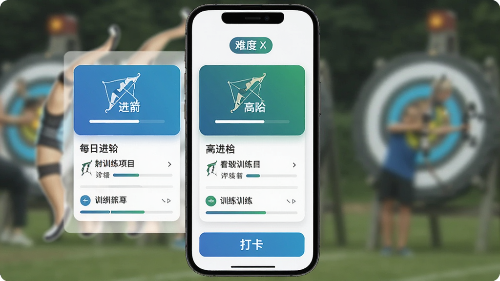���ѵ���ƻ������棬����Ϊ�ֻ���Ļչʾ���Ž��׸߽�����ѵ������ѡ��Ƭ�������Ϸ�Ϊ�Ѷȱ�ǩ���м�Ϊÿ��ѵ����Ŀ�б����·�Ϊ�򿨰�ť���Ű����룬���Ϊ��ˬ�˶��磬ϸ�ڰ�������ͼ��������������ʸ���ɾ��޶���Ԫ��