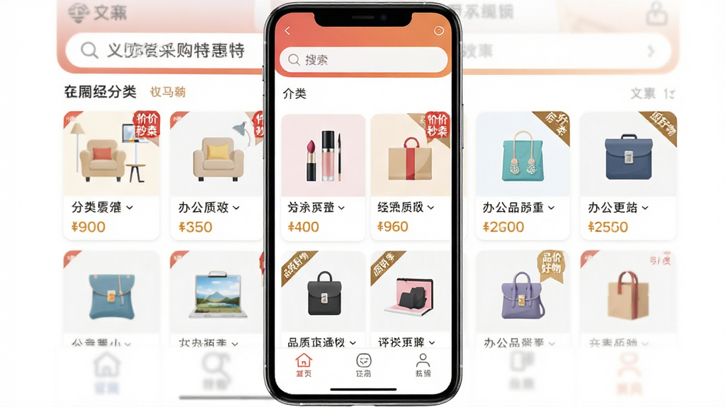 �ֻ���Ļչʾ���ڻ�Դ�ɹ��ػ�Ӧ�ý��棬��������Ϊ������������Ʒ���񣬰����Ҿӡ���ױ���칫��Ʒͼ�꣬����Ϊ���½ṹ�����������ײ��������Ű�������򣬷��Ϊ�ִ���ƽ����ƣ�ϸ���ϴ����ؼ���ɱ��ǩ��Ʒ�ʺ���Ǳ꣬�����������ɾ����޶���Ԫ�ء�