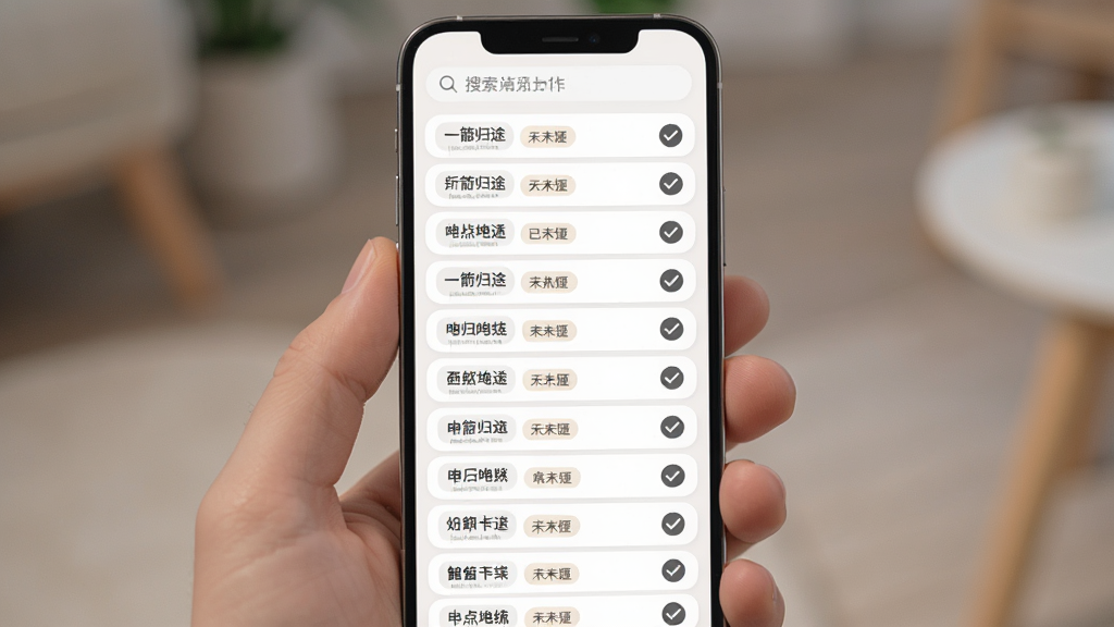 һ����;���嵥ҳ�棬����Ϊ�ֻ���Ļ��չʾ100���ص��б��빴ѡ��ǣ����ֲ��ö������������·������б����Ű�ÿ��һ���ص��������ǩ��������Բ�ǣ�ϸ�ڰ����ѽ�����δ����״̬ͼ�꣬���ʸ���ɾ��޶���Ԫ��