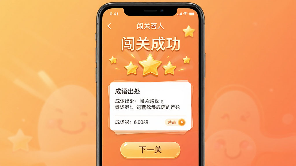 手机屏幕展示“闯关答人”答题成功页面,屏幕上方显示“闯关成功”字样和金色星星奖励,中间有知识卡片展示成语出处,下方有“下一关”按钮,背景为暖色调渐变,界面排版清晰,风格简洁大方,画质干净