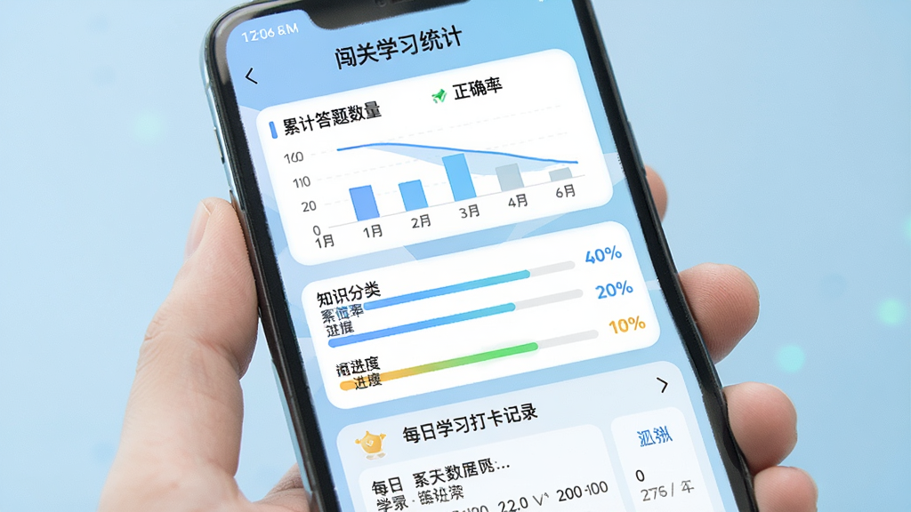 手机屏幕展示“闯关答人”学习统计页面,屏幕上方显示累计答题数量和正确率图表,中间有知识分类进度条,下方有每日学习打卡记录,背景为浅蓝色渐变,界面干净整洁,风格清新,画质清晰
