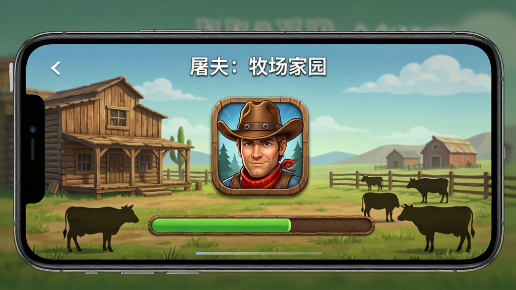手机屏幕显示“屠夫:牧场家园”游戏安装界面,主体为安装进度条和牛仔风格图标,布局居中,排版简洁,风格写实游戏画面,细节包括西部木屋背景和牧场动物剪影,画质清晰,干净,无多余元素