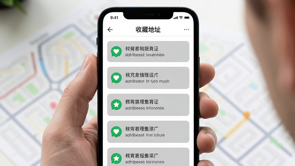 ���ܾ���APP��ҳչʾ���ֻ���Ļ��ʾ�ղص�ַ�б��͵�ͼ��ǣ�����Ϊ�ֳ��ֻ���д������Ϊ���й�ͼ���Ű����룬���Ϊ��ˬ����磬ϸ�ڰ�����ɫ�ղ�ͼ��ͻ�ɫ��ַ��Ƭ�����ʸ��壬�ɾ����޶���Ԫ��