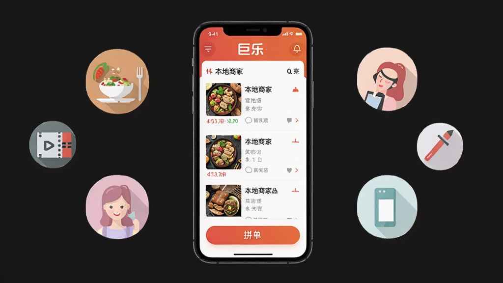 �ֻ���Ļչʾ����APP��ҳ���������б����̼��б���ƴ����ť����Χ��������ʳ����Ӱ�����ݵȱ�������ͼ�꣬�����������Ű���У���ƽ��UI���ϸ�ڷḻ�������������ɾ����޶���Ԫ��