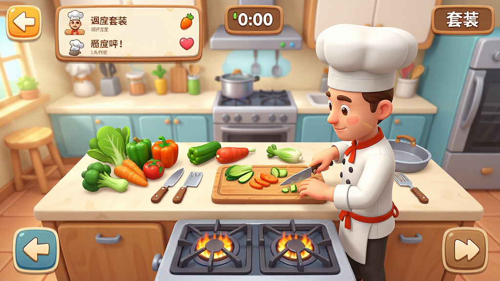 厨房厨师套装烹饪 游戏主界面 展示一个明亮整洁的现代厨房 操作台上摆放着新鲜蔬菜和厨具 一位卡通厨师正在切菜 画面风格为3D卡通渲染 色彩温暖鲜艳 布局为横版游戏截图 上方显示订单列表和倒计时 下方为操作区域 细节包括炉灶火焰 砧板纹理 食材光泽 画质清晰 干净 无多余元素
