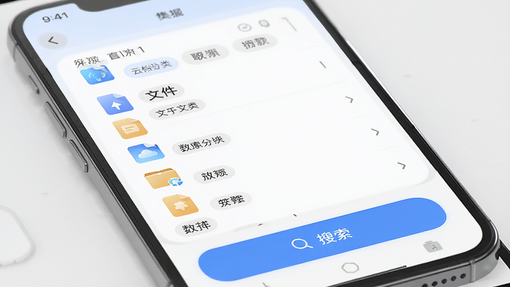 云格助手应用界面展示,主体为手机屏幕显示文件分类列表和搜索框,布局为上下结构,排版整齐清晰,风格为现代简约科技风,细节包括文件图标、分类标签、搜索按钮,画质高清,干净,无多余元素