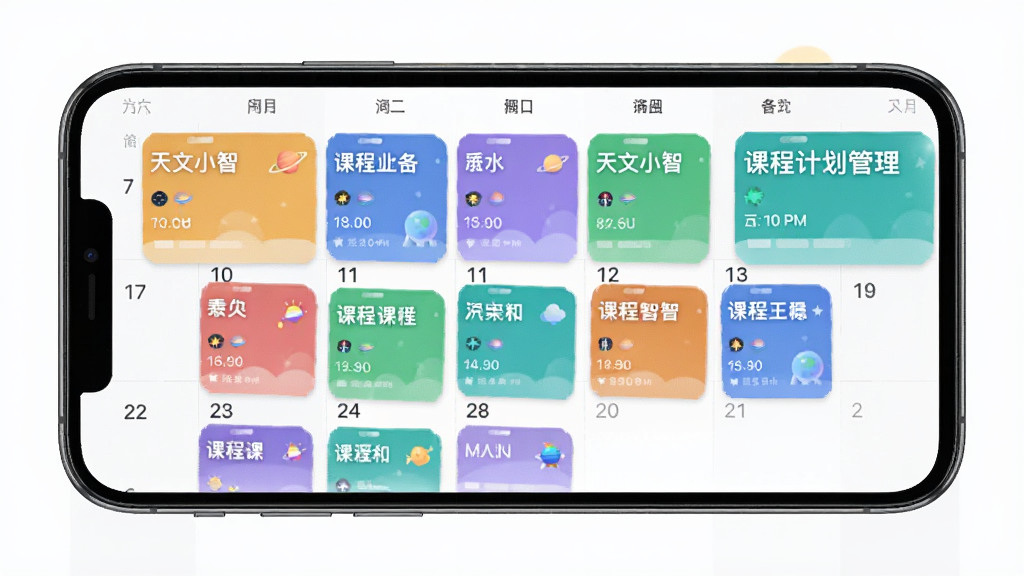 天文小智app课程计划管理界面展示,手机屏幕中显示彩色课程卡片排列在日历视图上,主体为手机界面,布局居中,排版清晰,风格简约现代,细节包括课程名称和时间标注,画质高清,干净,无多余元素