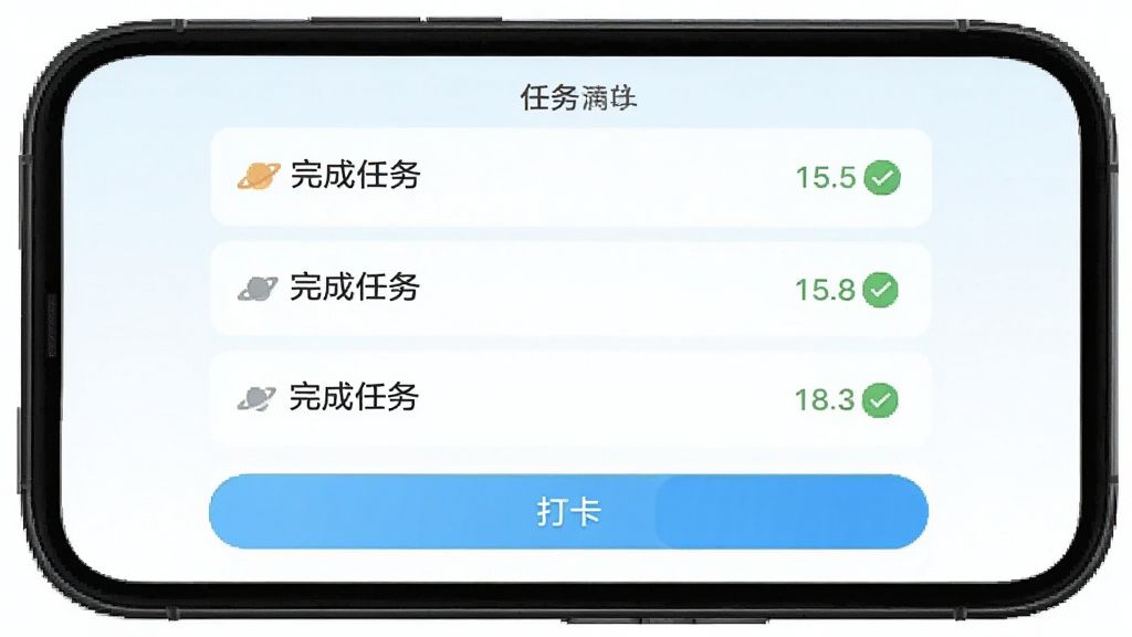 天文小智app学习任务设置页面,手机屏幕显示任务列表和打卡按钮,主体为手机界面,布局上下结构,排版整齐,风格清新浅色,细节包括任务名称、完成状态图标,画质清晰,干净,无多余元素