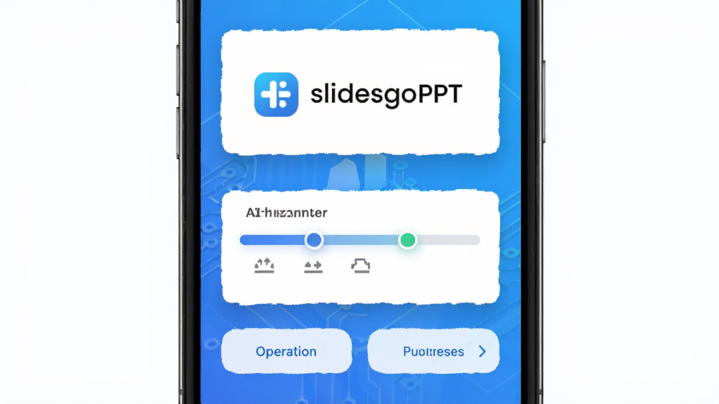 SlidesgoPPT��������չʾ������Ϊ�ֻ���Ļ������ʾAI����PPT�Ľ�����������Ϊ���½ṹ�Ϸ�������Logo�·��ǲ�����ť���Ű�����У����Ϊ�ִ��Ƽ��У�ϸ�ڰ�����ɫ���䱳���Ͱ�ɫ��ƬʽUI�����������ɾ��޶���Ԫ��