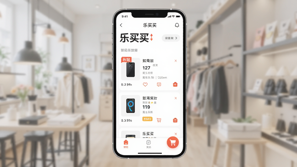 手机屏幕展示乐买买应用界面,主体为一部智能手机,布局居中,排版简洁,风格现代清新,细节包括商品列表、补贴标签、购物车图标,画质高清,干净,无多余元素