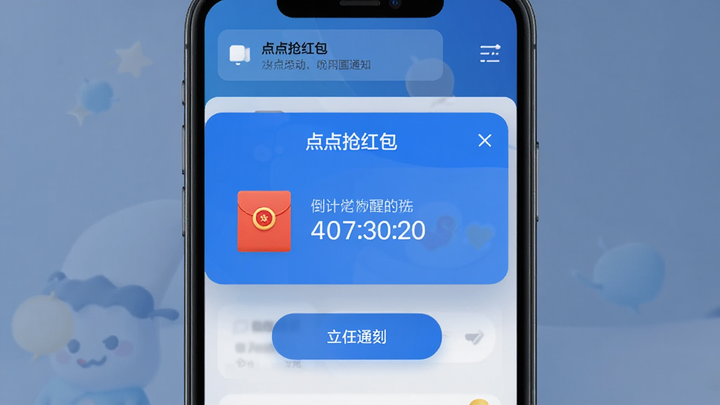 主界面展示“点点抢红包”悬浮窗提醒功能,布局为手机屏幕中央悬浮窗显示红包图标和倒计时,排版简洁,风格为扁平化科技蓝,细节包含通知栏消息和悬浮按钮,画质高清,干净,无多余元素