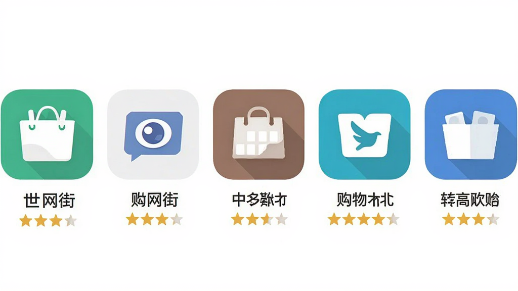 世网街同类购物软件对比图,主体为五款购物App图标并排展示,布局为横向排列,排版简洁,风格为扁平化图标设计,细节包括图标名称与评分星级,画质清晰,干净,无多余元素