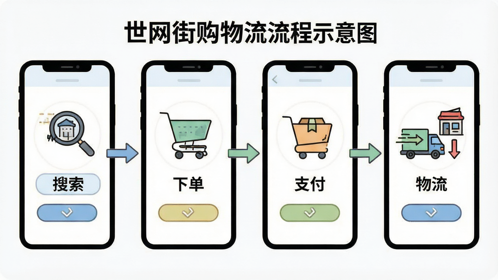 世网街购物流程示意图,主体为手机界面分步展示搜索、下单、支付、物流四个环节,布局为横向排列四格,排版整齐,风格为简约插画风,细节包括图标、箭头引导、文字标注,画质清晰,干净,无多余元素