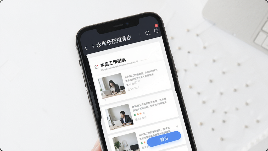 水印工作相机工作汇报导出界面,主体为手机屏幕显示汇报预览文档,布局为上方标题下方图文列表,排版规范,风格为素雅极简风,细节包含水印照片缩略图、导出按钮,画质高清,干净,无多余元素