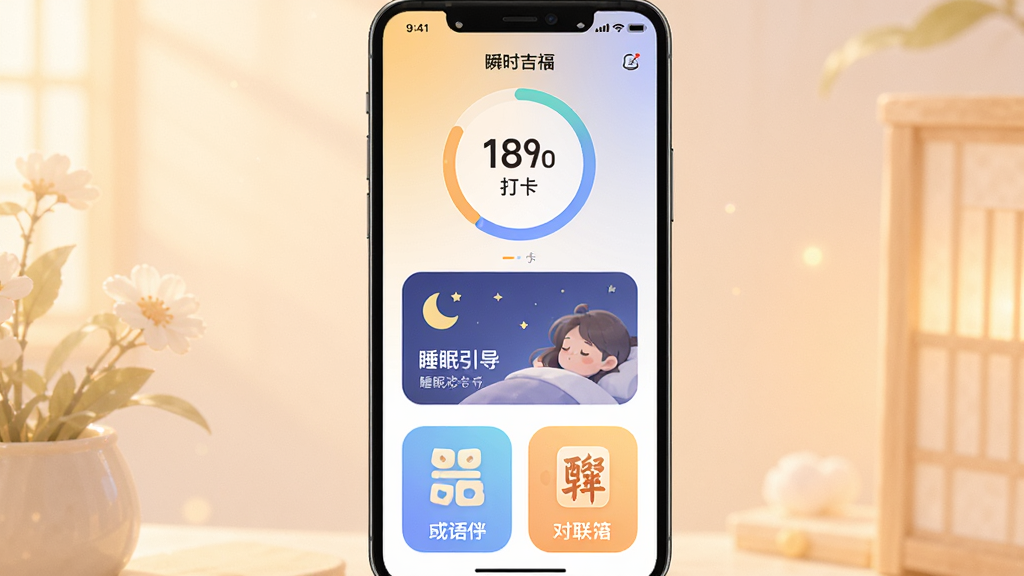 手机屏幕展示“瞬时吉福”App首页,上方是打卡进度环,中间是睡眠引导卡片,下方排列成语与对联入口,整体布局为上下结构,排版整齐,风格清新温馨,细节包括柔和渐变背景和圆角图标,画质高清,干净,无多余元素