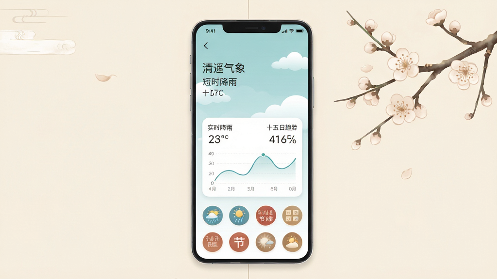 ��������Ϊһ��������׿�ֻ�����Ļ����ʾ��ң����App�������棬�Ϸ��ǵ���ɫ��ձ������ɫ�ƶ䣬�м俨Ƭչʾʵʱ�¶����ʱ��������ͼ���·����ж�ʮ�Ľ���Բ��ͼ�ꣻ����Ϊ�ֻ����У�����Ϊǳ��ɫ������һ֦����÷�����Ű�ɾ����׳��㣻���Ϊ�����Լ�廭��ϸ�ڰ�����Ļ�����֡���ң���󡱡���ʱ���ꡱ��ʮ�������ơ���ͼ��Բ�󣻻��ʸ��壬�ɾ����޶���Ԫ��