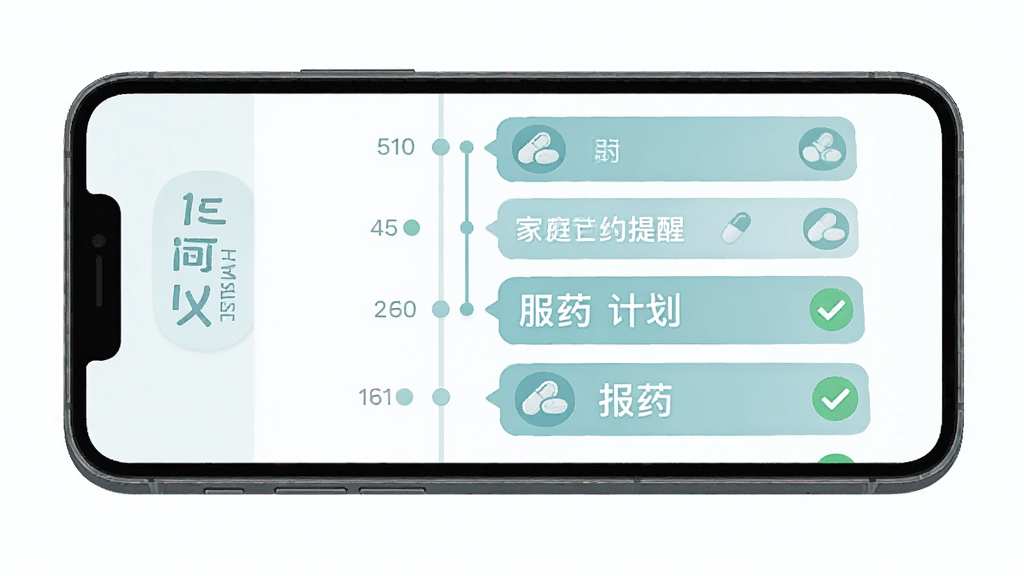 �����Ӧ�÷�ҩ���ѽ��棬����Ϊ�ֻ���Ļ��ʾ��ͥ��Ա�ķ�ҩ�ƻ��б�������Ϊ�������е�ʱ���ᣬ�Ű�������࣬���Ϊ�ִ���ƽ��������APP��ƣ�ϸ�ڰ���ҩ��ͼ�ꡢ�Թ�״̬��Ǻ��������ɫ�������ʸ��壬����ɾ����޶���Ԫ��