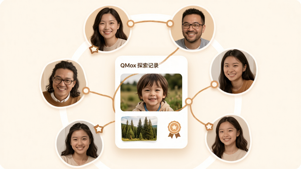 QMox ��ͥ��Ա��������չʾ������Ϊ�����ͥ��Աͷ��Χ��һ�����ӵ�̽����¼��Ƭ������ΪԲ�λ���ʽ�Ű棬���Ϊ��ܰ��ͥ�磬ϸ�ڰ�����͵�ůɫ���������߱�ʾ������ϵ����Ƭ����ʾ��Ȼ��Ƭ�����ͼ�꣬���ʸ��� �ɾ� �޶���Ԫ��