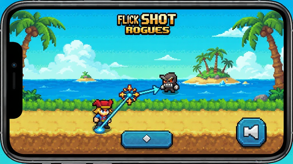 Flick Shot Rogues��Ϸ���棬�ֻ�������ʾ��������׼�켣�ߣ����ط���ɫ�͵��ˣ��غ��Ʋ��԰�ť����������������ɫ�ʣ����廭�ʣ��ɾ�����