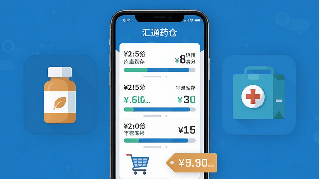 ��������Ϊһ�������ֻ�����Ļ��ʾ����ͨҩ�֡�APP��ҩƷ�ȼ��б����棬��������ֱ�������ҩƿ��ҩ��ͼ�꣬�ײ��й��ﳵ��۸��ǩ�����ֲ��þ��жԳƣ����Ϊ��ƽ���Ƽ�����ϸ�ڰ������������ּ۸�Ϳ���������ʸ��壬�ɾ����޶���Ԫ�ء�