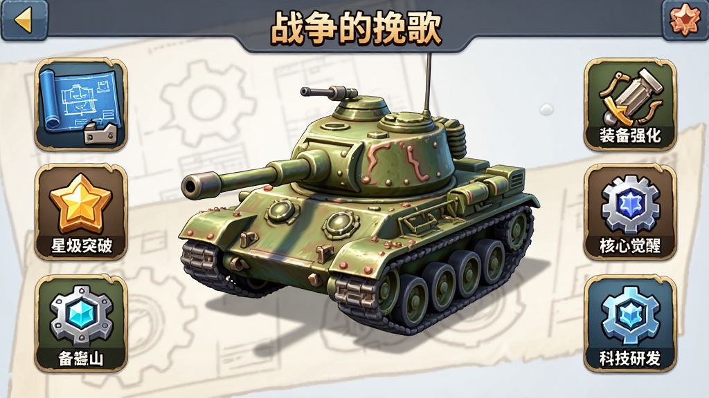 ��ͨ��Ⱦ���̹�˿������Ρ�ս������衱�����棬��������չʾһ����ϸ������̹�ˣ���Χ����ͼֽ���졢�Ǽ�ͻ�ơ�װ��ǿ����оƬ��Ƕ�����ľ�����Ƽ��з���������ͼ�꣬�����������Ű������ϷUI���ϸ�ڷḻ�����ʸ��壬�ɾ����޶���Ԫ��