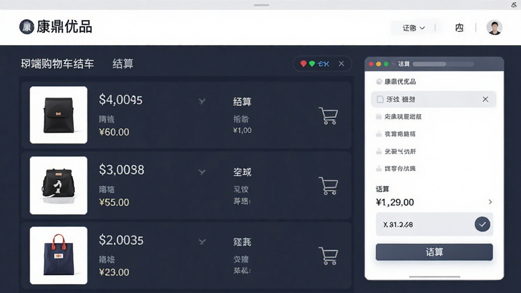 康鼎优品手机端购物车结算页面,画面展示商品清单与结算按钮,布局简洁,风格现代商务,细节清晰,画质高清,干净无多余元素