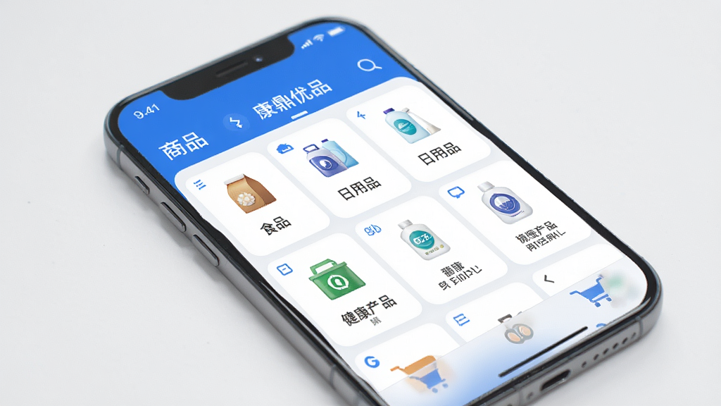 康鼎优品购物APP界面展示,手机屏幕中呈现商品分类列表,包含食品、日用品、健康产品等图标,页面布局清晰整洁,采用蓝白配色风格,细节精致,画质高清,干净无多余元素