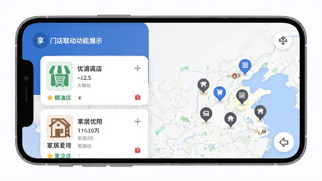 �����ǻ��ŵ���������չʾ������Ϊ�ֻ���Ļ�еĸ����ŵ��б���ͼ���������Ϊ�ŵ꿨Ƭ�Ҳ�Ϊ��ͼ��ǣ��Ű�ֱ���׶�������ִ�����ϸ�ڰ������͵���Ҿӵ�ͼ�꣬���������ɾ��޶���Ԫ��