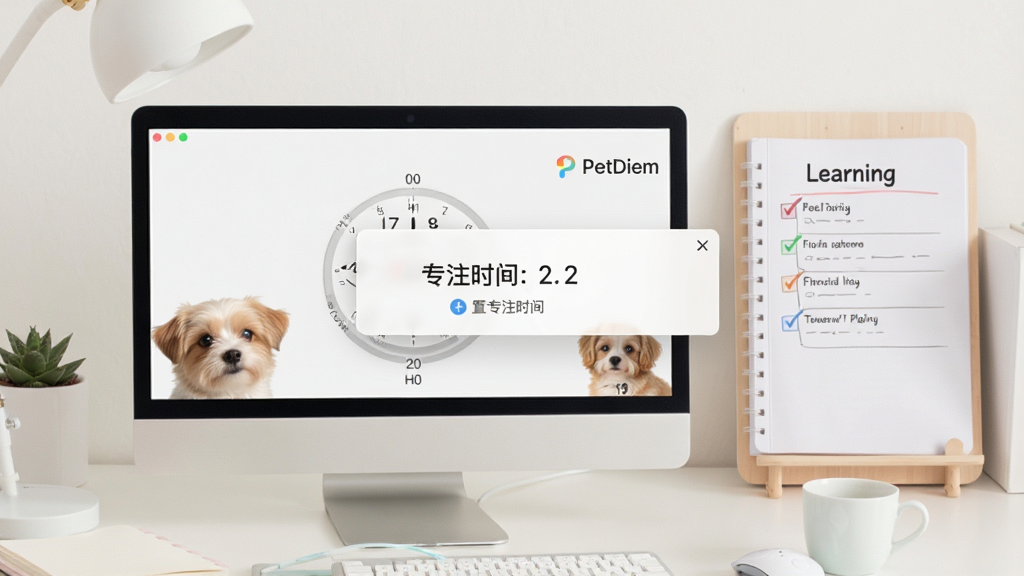 PetDiem��������չʾ��һֻ�ɰ���������Ļ��������ʱ����������ʾרעʱ���������������������ѧϰ�ƻ������������ͣ������������ɾ��޶���Ԫ��