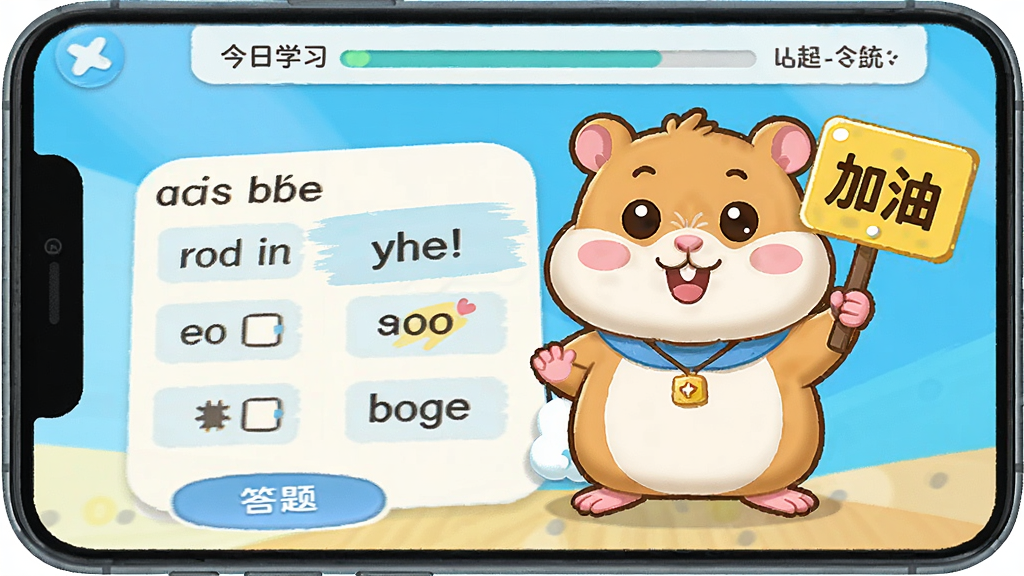 ���󵥴�APP�����棬������һֻ��ͨ����վ�ڵ��ʿ�Ƭ�Աߣ�����Ϊ�ֻ���Ļ���棬�Ű��Ϸ���ʾ����ѧϰ���ȣ��м�Ϊ���ʺ�ѡ��·�Ϊ���ⰴť�����Ϊ�������õĿ�ͨ���ϸ�ڰ���������š����͡�С���ӣ����������ɾ��޶���Ԫ��