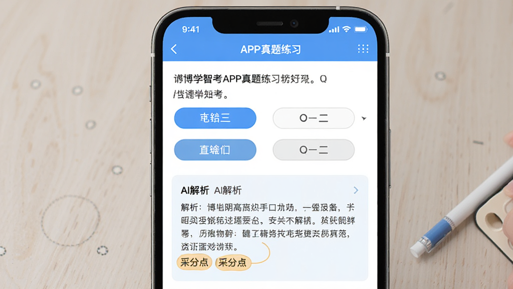 ��ѧ�ǿ�APP������ϰ���棬�ֻ���Ļ����ʾһ��ѡ�����AI�������ݣ�����Ϊ���½ṹ���Ű��࣬�����ˬѧϰ�磬ϸ�ڰ���������֡�ѡ�ť�������򡢲ɷֵ��ע�����ʸ��壬�ɾ����޶���Ԫ��