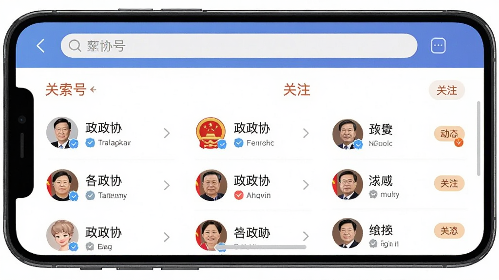 设计一张政协联线APP内“政协号”关注界面的手机截图,画面主体为一部竖屏智能手机,屏幕显示政协号列表,包含各地政协和委员账号的头像与名称,布局清晰,排版为顶部搜索栏加下方列表,风格为扁平化简约商务风,细节包含关注按钮、认证标识和动态更新提示,画质高清,屏幕干净无多余元素