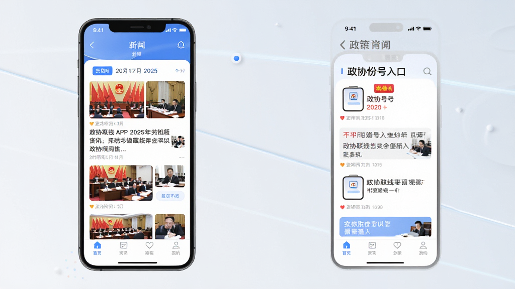 生成一张政协联线APP 2025年新版界面的展示图,画面主体为手机屏幕显示新闻资讯流与政协号入口,布局为上下结构,排版清晰,风格为现代简约资讯类APP风格,细节包含日期标签、缩略图和底部导航栏,画质高清,屏幕干净无多余元素