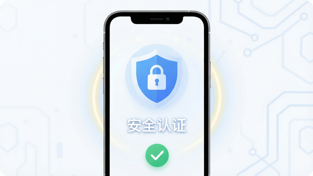 绘制一幅政协联线APP的安全认证与隐私保护概念图,画面主体为手机屏幕显示盾牌图标与“安全认证”字样,布局为居中构图,排版简洁,风格为科技感扁平化,细节包含锁形图标、对勾标记和柔和光晕,画质高清,画面干净无多余元素