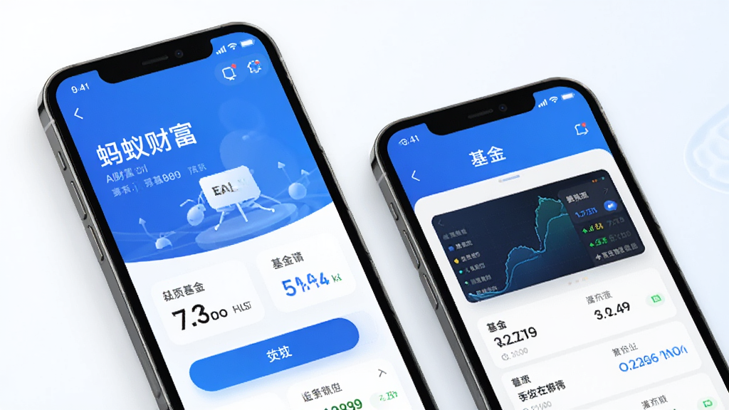 蚂蚁财富APP界面展示,手机屏幕中显示AI首页和基金页面,蓝色科技风格,干净简洁,高清画质