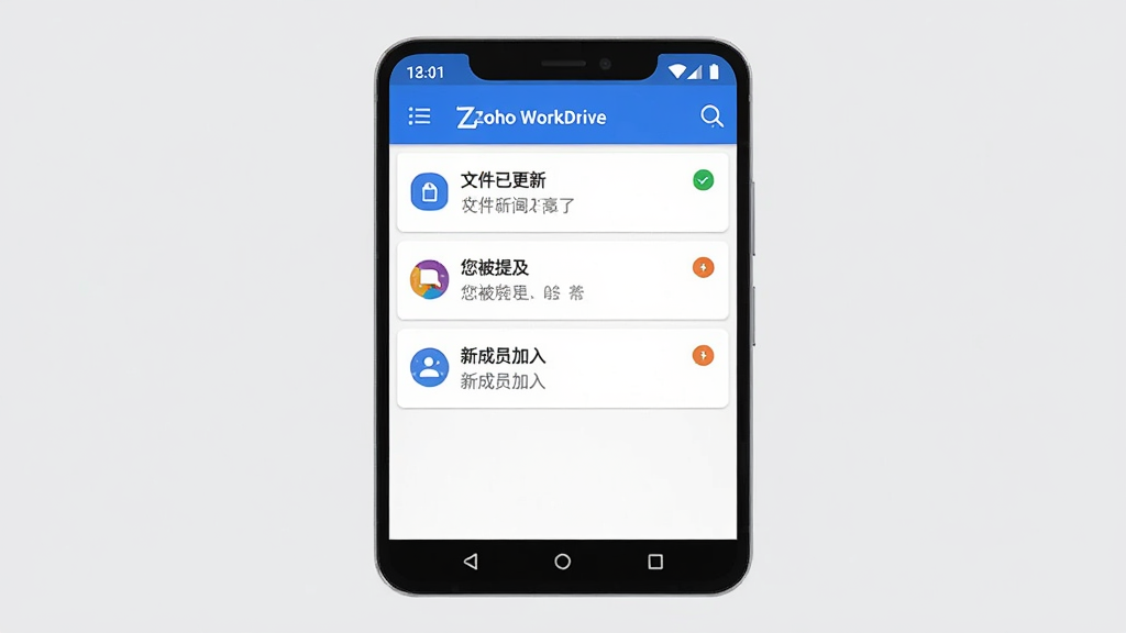 ��������Ϊһ����׿�ֻ�����Ļ����ʾ Zoho WorkDrive ��֪ͨ�б����棬�б����ж���֪ͨ��Ŀ���ֱ��ע���ļ��Ѹ��¡��������ἰ�����³�Ա���롱�����֡�����Ϊ�ֻ�����չʾ������Ϊǳ��ɫ���Ű����������Ϊ�ִ���Լ�磬ϸ�ڰ���֪ͨͼ���δ����ǡ������������ɾ����޶���Ԫ�ء�