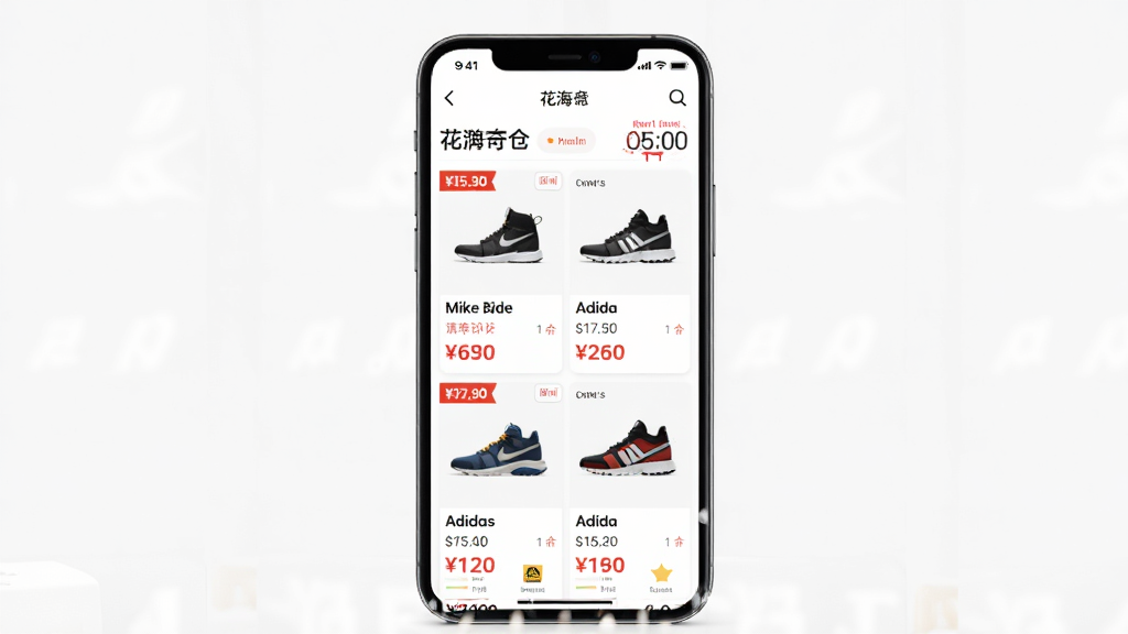 花海仓APP首页展示品牌尾货清仓特卖界面,主体为手机屏幕内呈现耐克、阿迪等品牌商品列表,布局清晰,排版简洁,风格为电商促销风,细节包含价格标签和限时倒计时,画质高清,干净,无多余元素