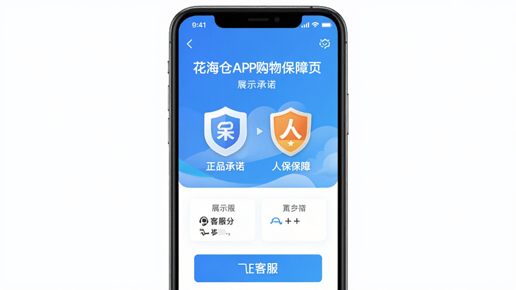 花海仓APP购物保障页面展示正品承诺与人保保障标识,主体为手机界面,布局居中突出保障图标,排版规整,风格为信任安心风,细节包含保险图标和客服入口,画质清晰,干净,无多余元素