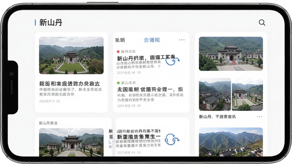 新山丹APP资讯页面截图,主体为手机屏幕显示新山丹应用内的新闻列表,布局采用卡片式设计,排版整齐,风格清新,细节上展示新闻标题和缩略图,画质清晰,干净,无多余元素