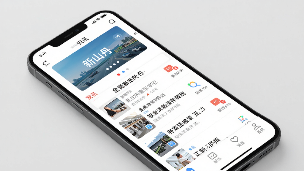新山丹APP手机界面展示,主体为一部智能手机,屏幕显示新山丹应用首页,布局包含顶部轮播图、中部资讯列表和底部导航栏,排版清晰有序,风格简洁现代,细节上突出新闻标题和图标,画质高清,干净,无多余元素