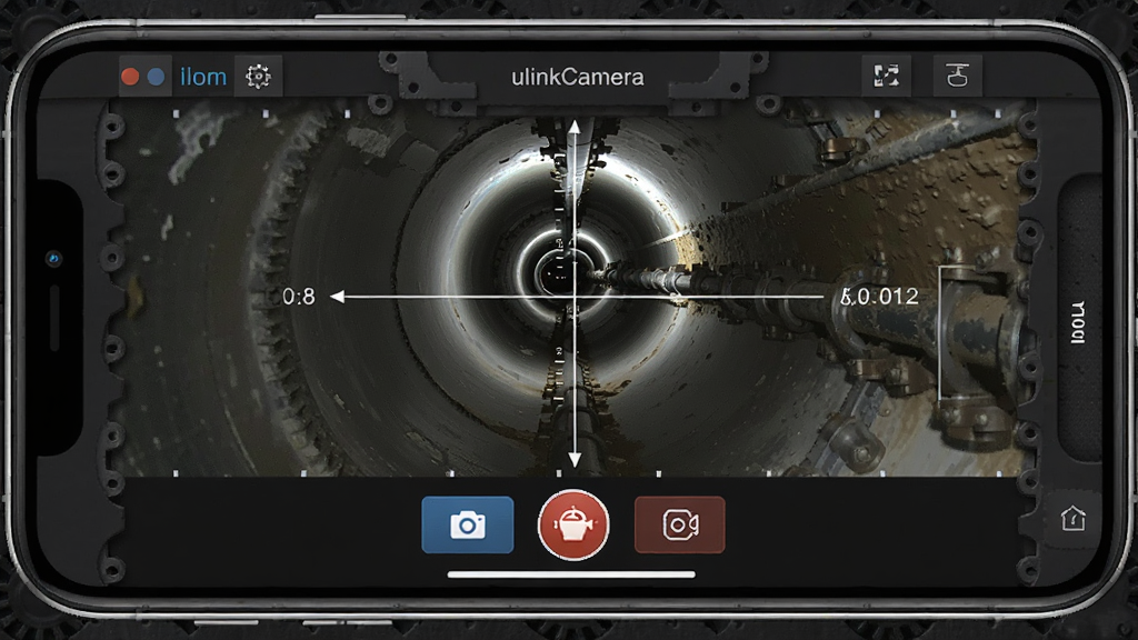 ulinkCamera 管道检测软件界面截图,手机屏幕显示管道内部高清画面,底部有拍照录像按钮,画面中带有长度标注数字,背景为深色工业风格,画质清晰干净