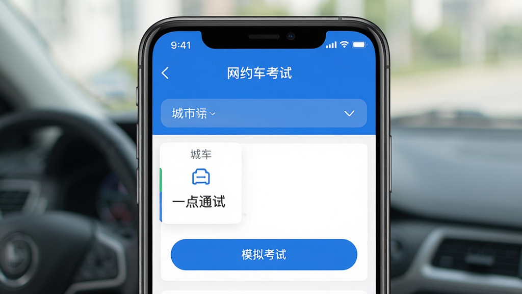 �ֻ���Ļ��ʾ��Լ������һ��ͨAPP���棬����Ϊ��ɫ������б������־��У��Ű�����������Լ����ϸ�ڰ�������ѡ������ģ�⿼�԰�ť�����ʸ��壬�ɾ��޶���Ԫ��