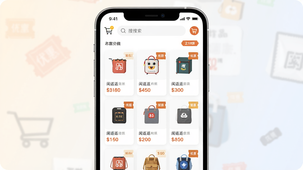 �����APP�̳ǹ������չʾ������Ϊ�ֻ���Ļ����ʾ�ḻ��Ʒ�б������ֲ������ĶԳƹ�ͼ���Ű�����չʾ��Ʒ������۸��ǩ�����Ϊ�ִ���Լ��ƽ����ƣ�ϸ�ڰ������ﳵͼ�ꡢ�Ż�ȯ��ǩ�������������ʸ��壬�ɾ��޶���Ԫ�أ�����Ϊǳɫ���䡣