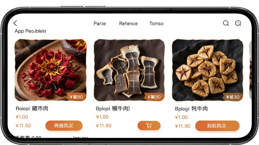 ���ر���APP����չʾͼ������Ϊ�ֻ���Ļ����ʾ������ɫ��Ʒ��غ컨����ţ��ɵȣ�����Ϊ����չʾ�ֻ�ģ�ͣ��Ű��࣬���Ϊ�ִ�����APP���棬ϸ�ڰ�����ƷͼƬ���۸��ǩ�͹���ť�����ʸ��壬�ɾ����޶���Ԫ��