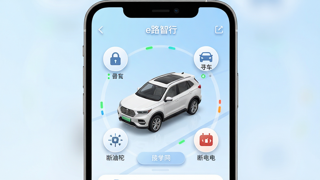 �ֻ���Ļ��ʾe·����App��Զ�̳������ƽ��棬����������һ����ɫSUV��3Dģ�ͣ���Χ������������Ѱ�������Ͷϵ�ȹ���ͼ�꣬����Ϊ�ɾ���ǳ��ɫ���䣬���ּ�����ˣ����Ϊ�ִ��Ƽ��б�ƽ����ƣ�ϸ�ڰ��������İ�ť��Ӱ��״ָ̬ʾ�ƹ�Ч������Ϊ4K�����壬����ɾ��޶���Ԫ��