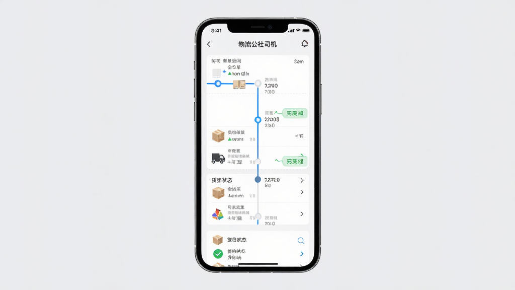 物流公社司机应用内运单详情页面,主体为手机屏幕显示运单跟踪时间轴和货物状态列表,布局为手机居中展示,背景为浅灰色,排版清晰,风格为现代简约商务风,细节包括蓝色时间轴、绿色已完成标记、货物图标,画质高清,干净,无多余元素