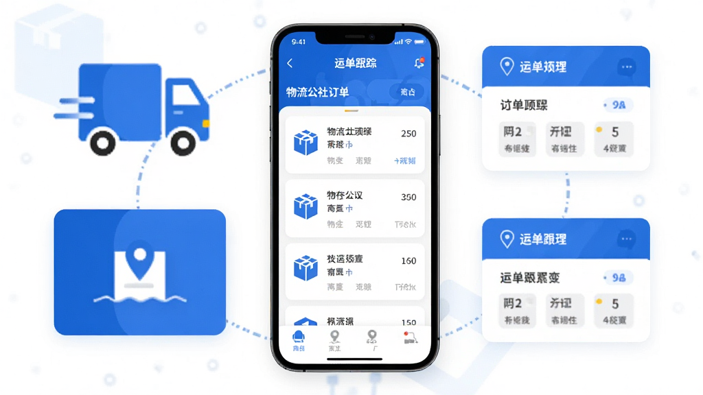 物流公社司机应用界面展示,主体为手机屏幕显示物流订单列表和运单跟踪页面,布局为居中放置手机,周围环绕物流图标和运单卡片元素,排版简洁清晰,风格为扁平化科技风,细节包括蓝色主色调、白色背景、货物图标、定位标记,画质高清,干净,无多余元素