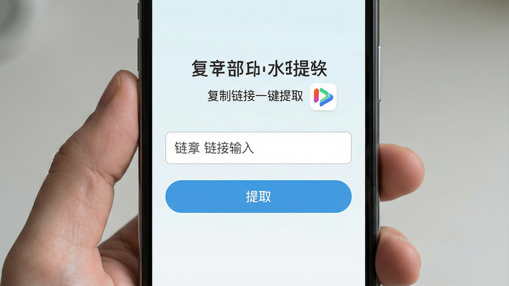 手机界面展示添加水印软件的视频提取功能,主体为链接输入框和提取按钮,布局居中,排版简洁,风格为浅色清新风,细节包含“复制链接一键提取”文字和平台图标,画质清晰,干净,无多余元素