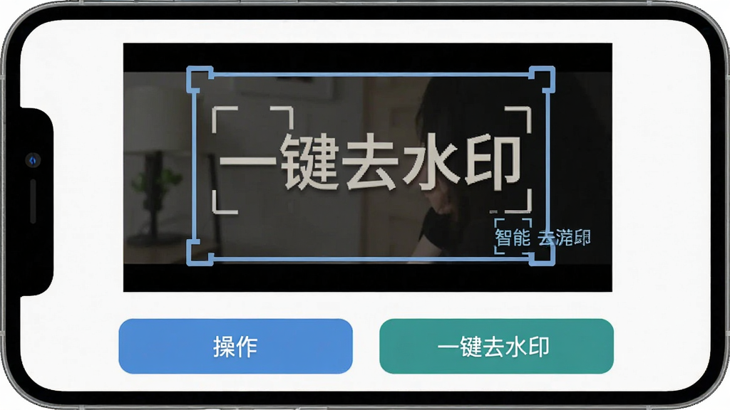 手机界面展示添加水印软件的去水印功能,主体为视频画面中水印区域被框选,布局为上方预览下方操作按钮,排版简洁,风格为扁平化设计,细节包含智能识别标识和“一键去水印”文字,画质清晰,干净,无多余元素